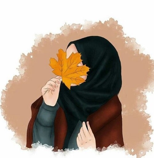 gambar lukisan muslimah cantik menutup wajah dengan daun