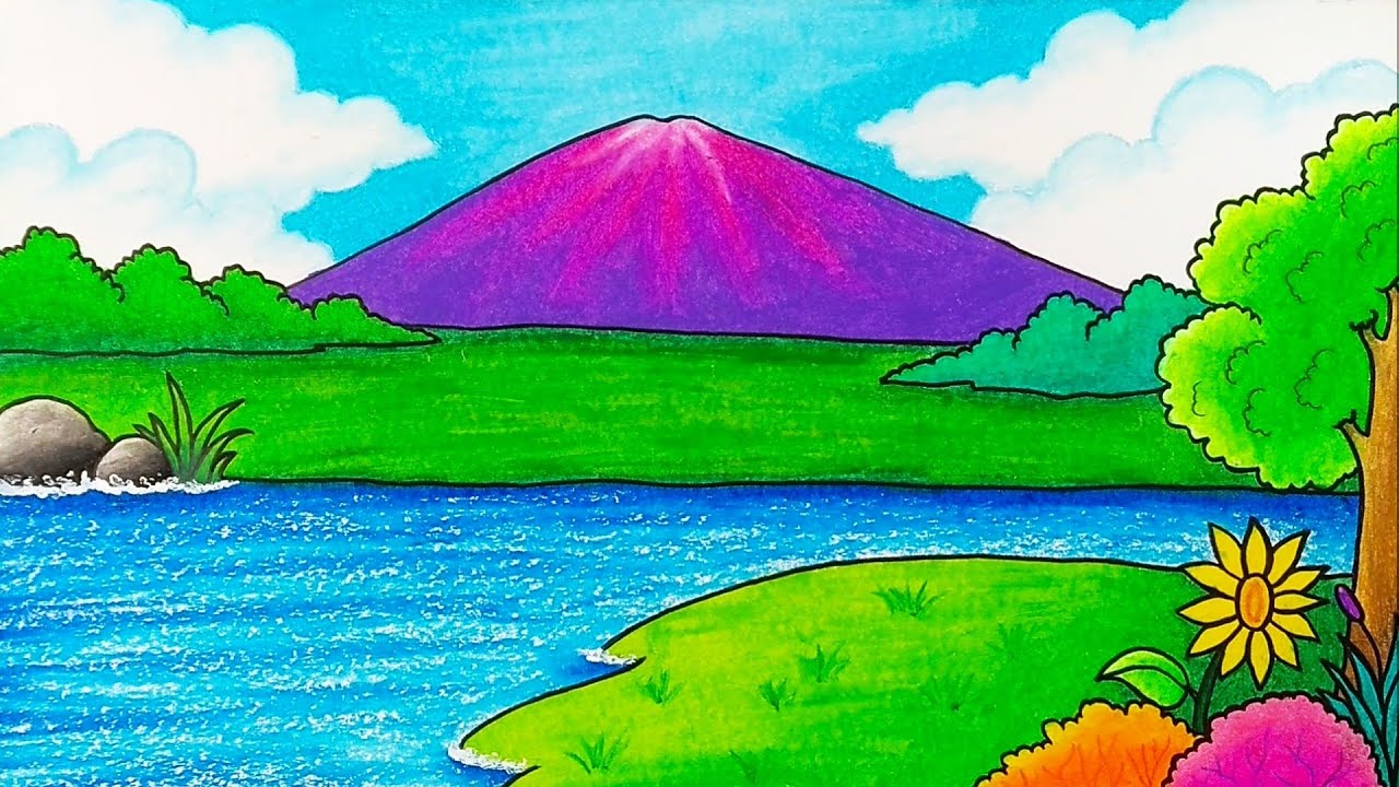 Gambar pegunungan berwarna ungu dan danau
